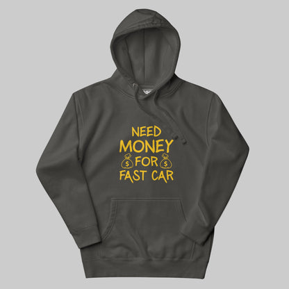 Dark gray hoodie with yellow text on a white background