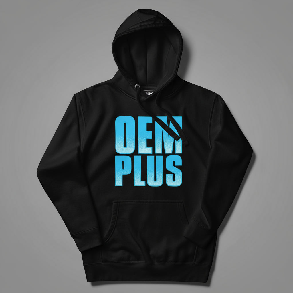 Black hoodie with blue 'OEM PLUS' text on a gray background