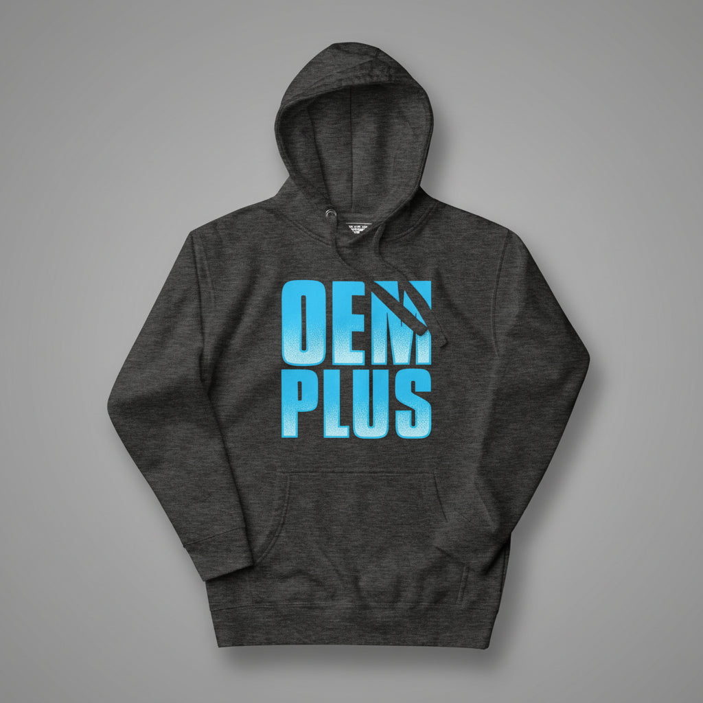 Dark gray hoodie with blue 'OEM PLUS' text on a gray background