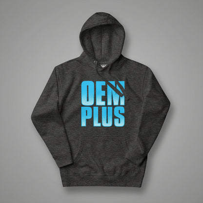 Dark gray hoodie with blue 'OEM PLUS' text on a gray background