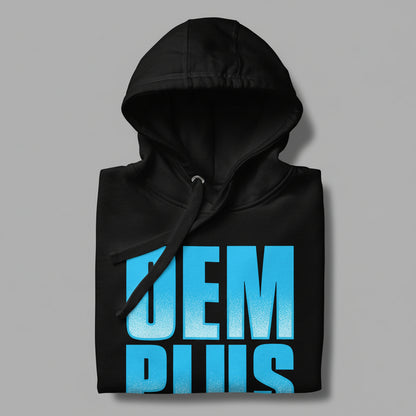 Black hoodie folded with blue text 'OEM PLUS' on a gray background