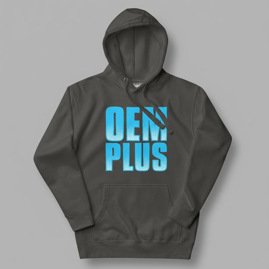 Dark gray hoodie with blue 'OEM PLUS' text on a grey background