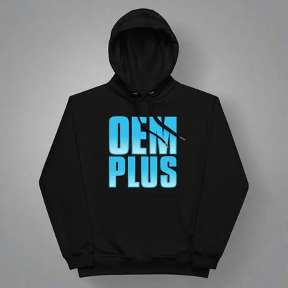 black hoodie with oem plus design in blue