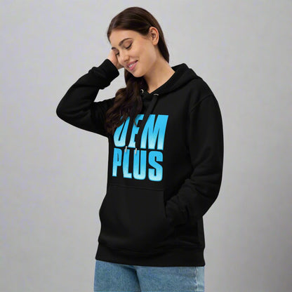 woman wearing oem plus car quote hoodie in black