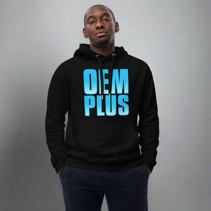 man wearing black hoodie with oem plus car slogan