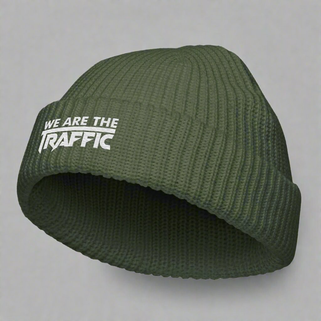 olive knit beanie with logo