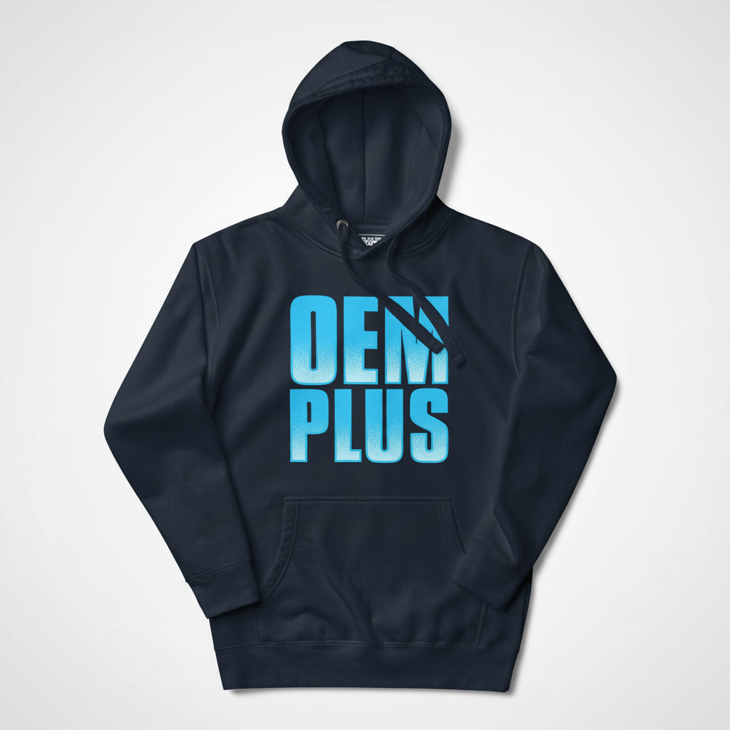 Navy hoodie with blue 'OEM PLUS' text on a gray background