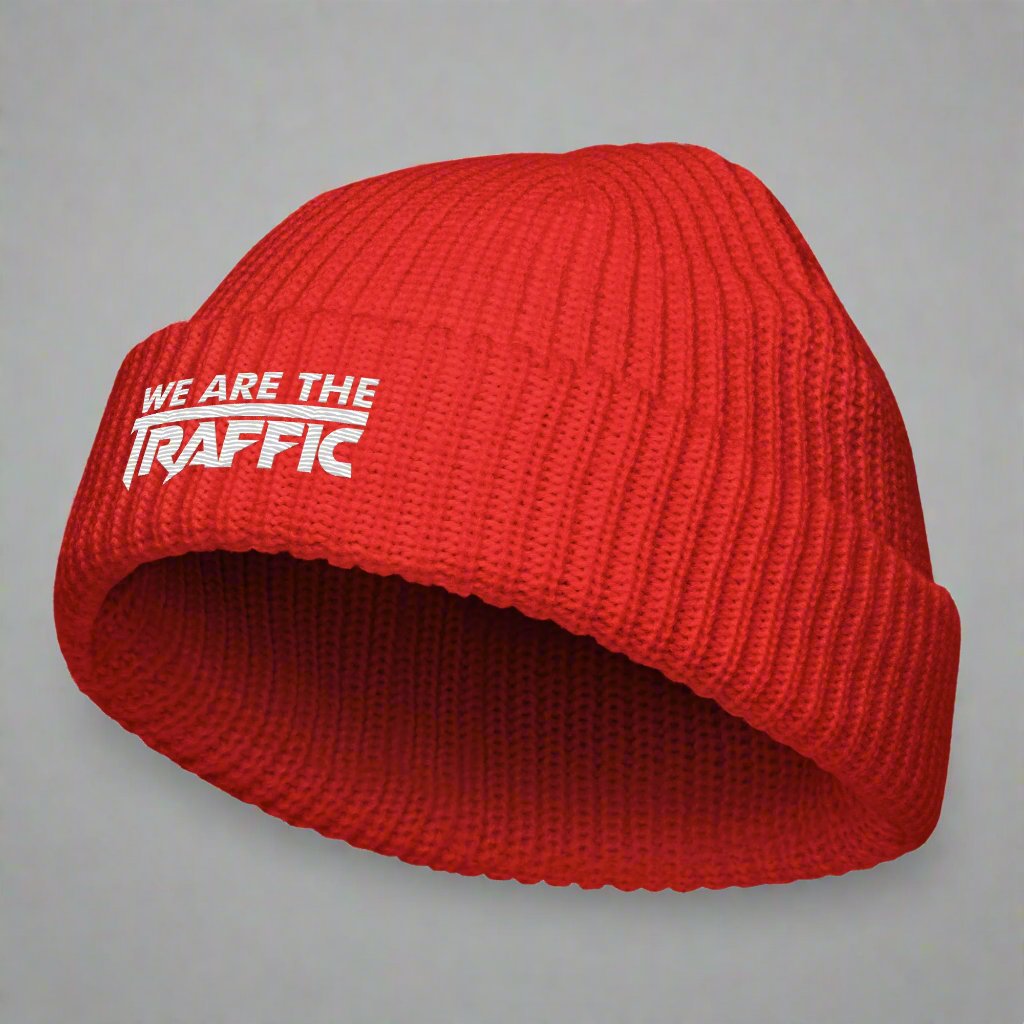 red knit beanie with logo