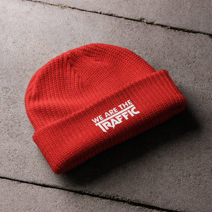 red knit beanie with logo