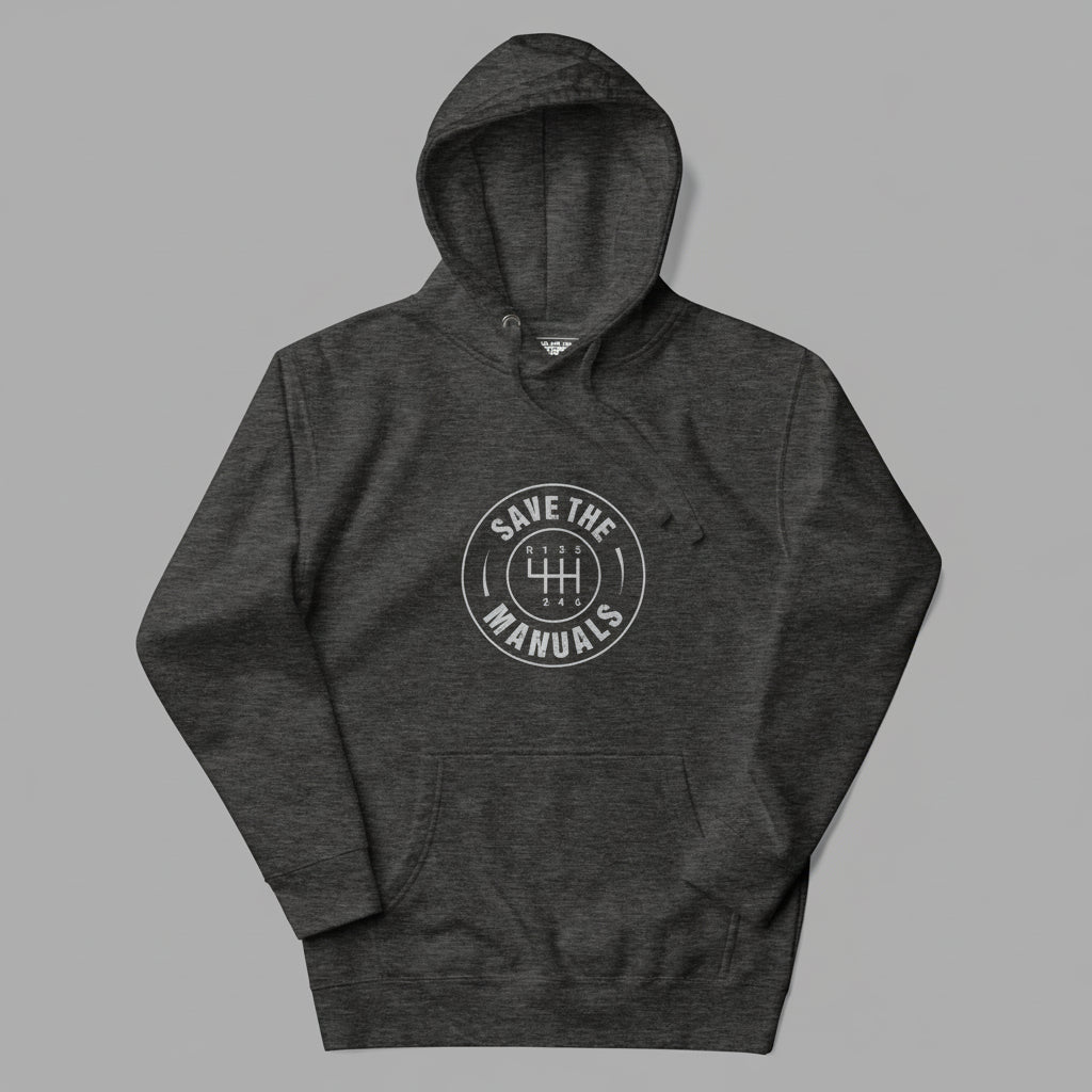 Dark gray hoodie with 'Save the Manuals' logo on gray background
