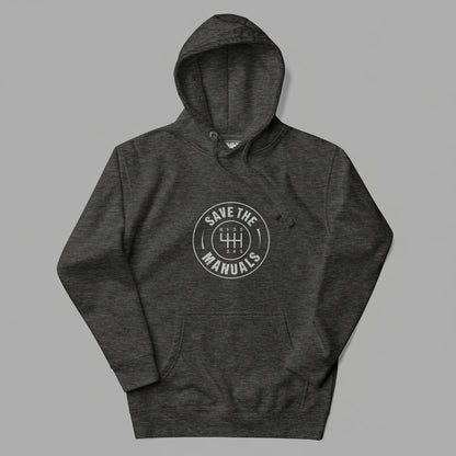 Dark gray hoodie with 'Save the Manuals' logo on gray background