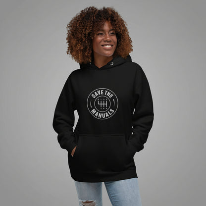 Person wearing a black hoodie with 'Save the Manuals' logo on a gray background