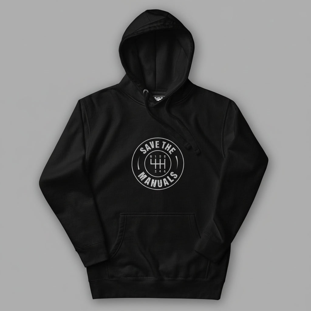 Black hoodie with 'Save the Manuals' logo on a gray background