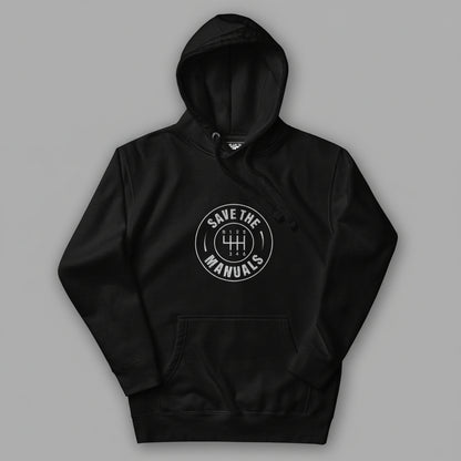 Black hoodie with 'Save the Manuals' logo on a gray background
