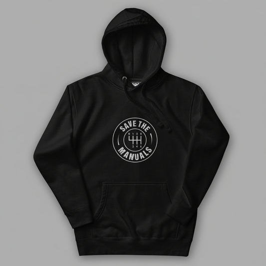 Black hoodie with 'Save the Manuals' logo on a gray background