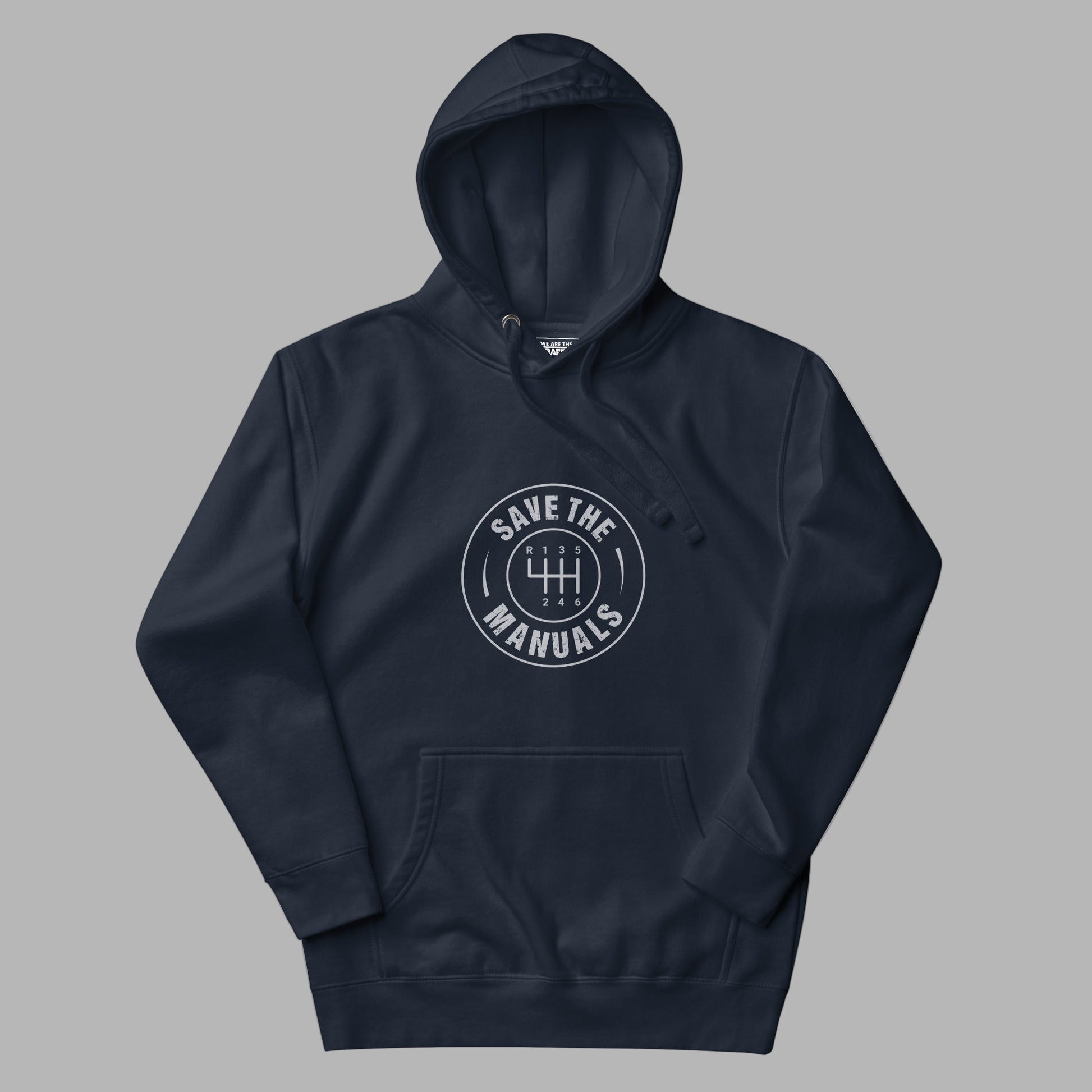 Navy blue hoodie with 'Save the Manuals' logo on a gray background