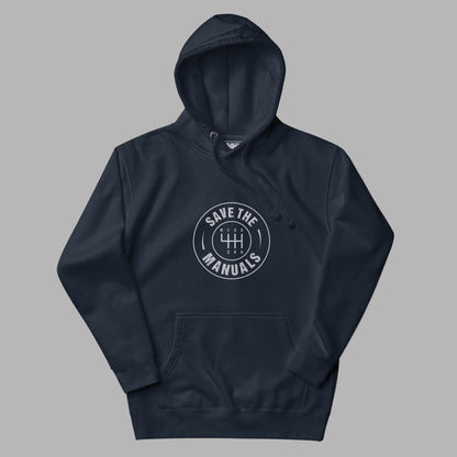 Navy blue hoodie with 'Save the Manuals' logo on a gray background