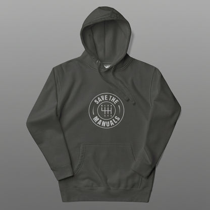 Dark gray hoodie with 'Save the Manuals' logo on a gray background