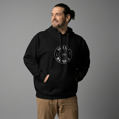 Man wearing a black hoodie with a logo on a gray background