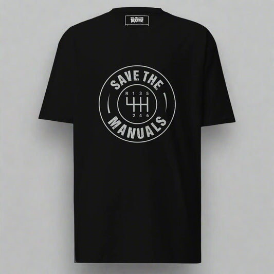 Black t-shirt with gray save the manuals design