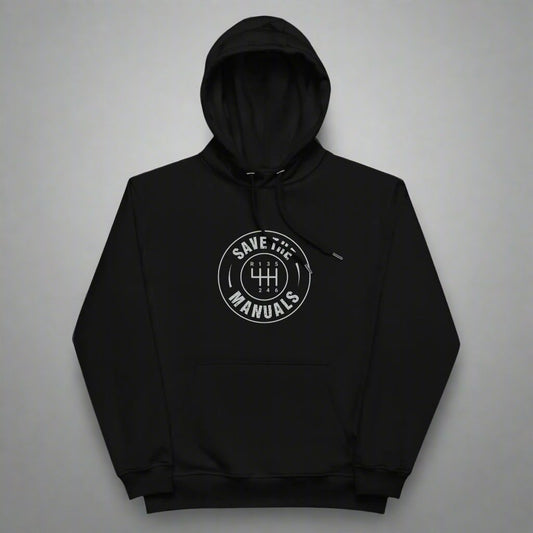 Black hoodie with gray save the manuals design