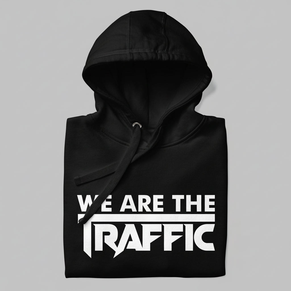Black hoodie with 'WE ARE THE TRAFFIC' text on a gray background