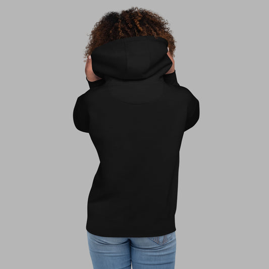 Person wearing black hoodie showing off the hood detail