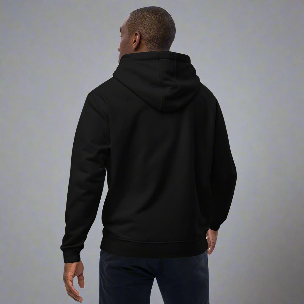 Man backwards wearing black hoodie