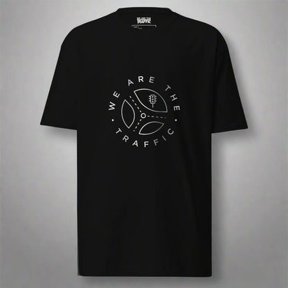 Black t-shirt with we are the traffic logo and design in gray