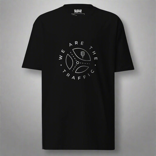 Black t-shirt with we are the traffic logo and design in gray