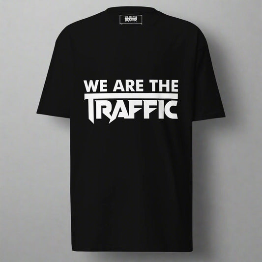 Black t-shirt with white we are the traffic logo design