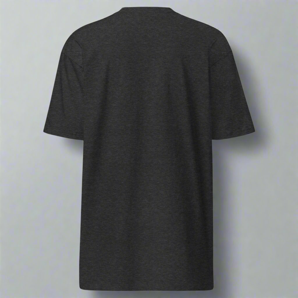 Back of charcoal gray t-shirt