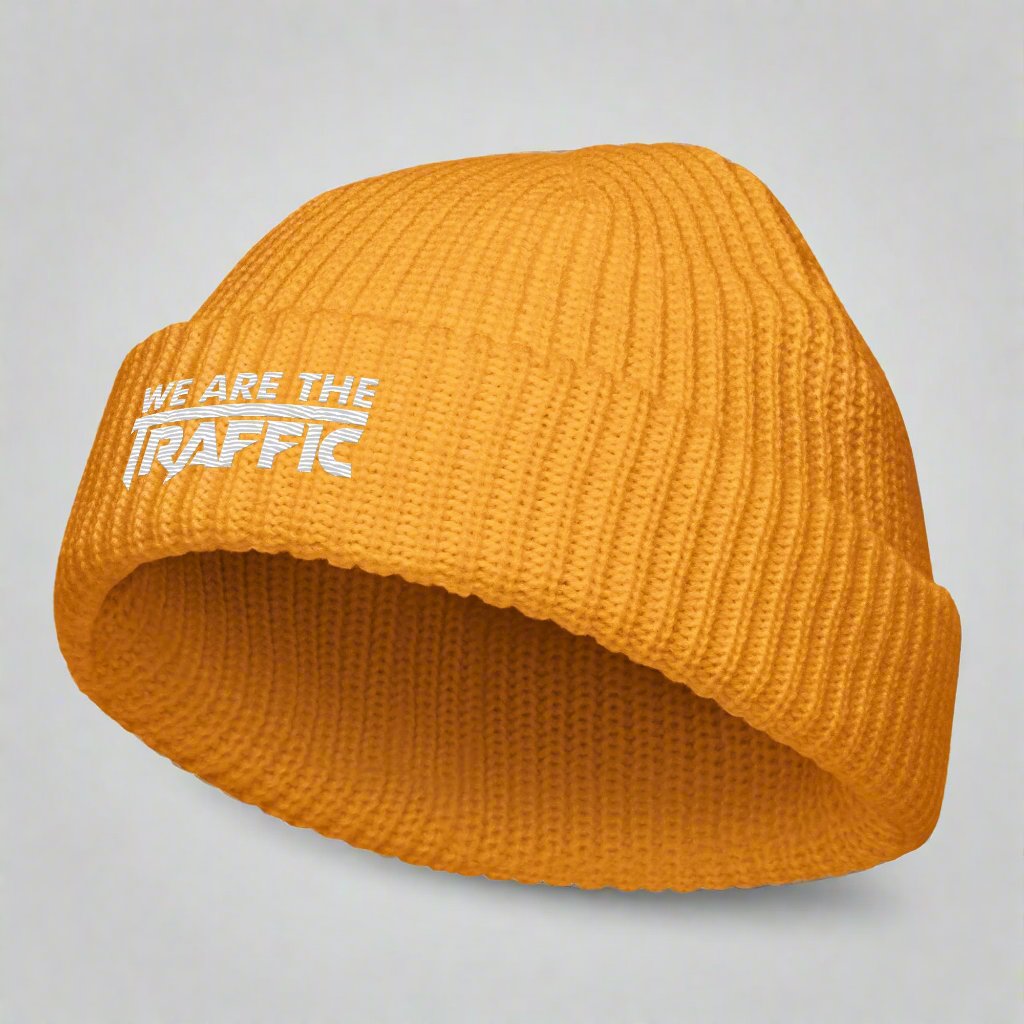 yellow knit beanie with logo